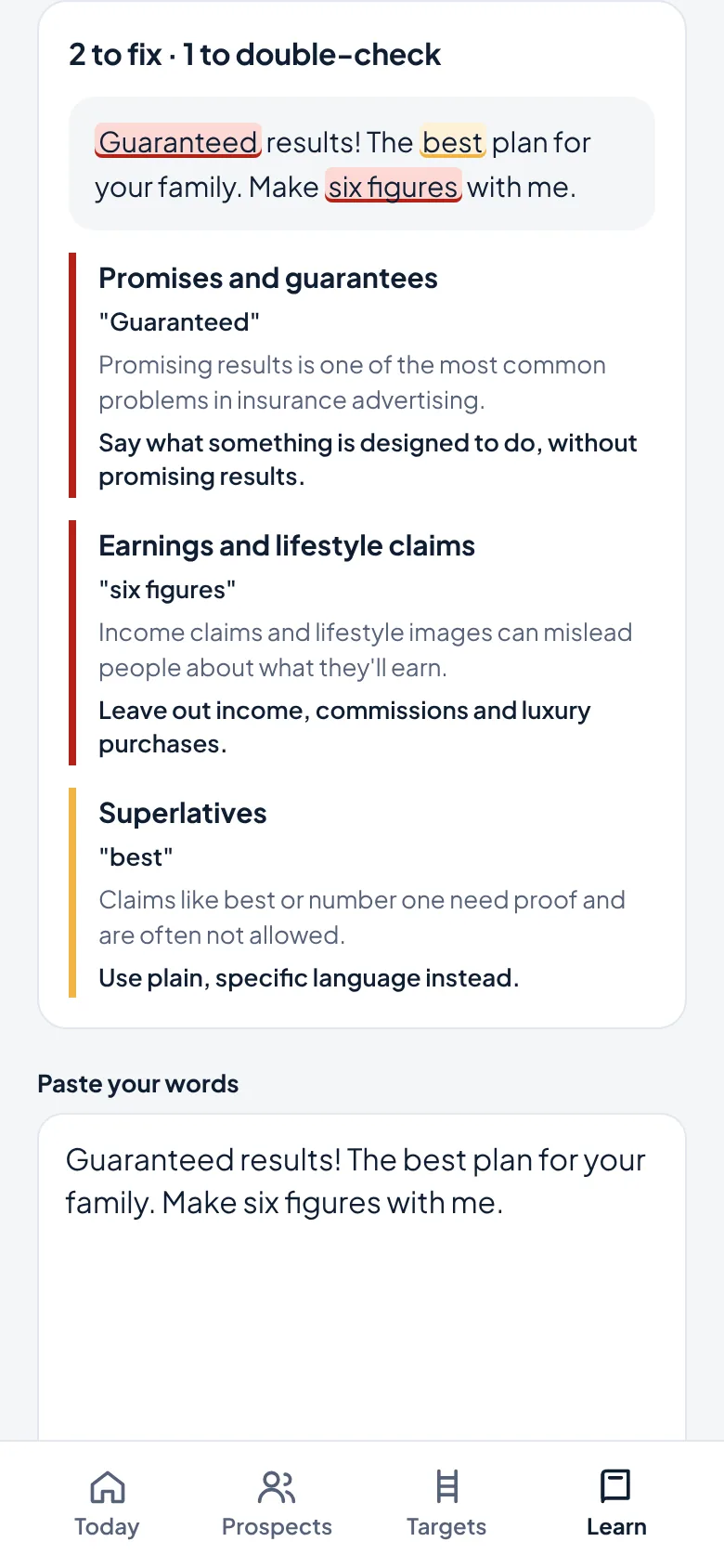 The wording checker highlighting a promise, an income claim and a superlative in a draft post.