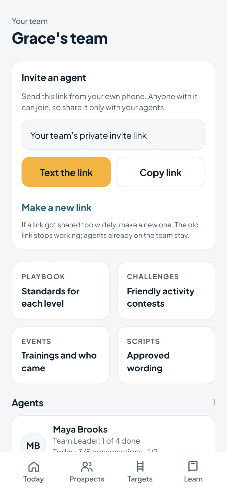 A leader's team page with an invite link and team tools.